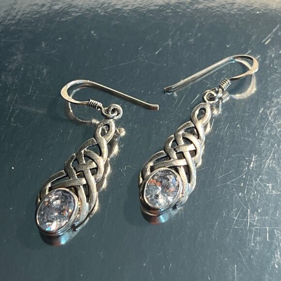 Genuine Silver with Oval Faux Stones in a CELTIC DESIGN Drop Earring - Picture 1 of 12